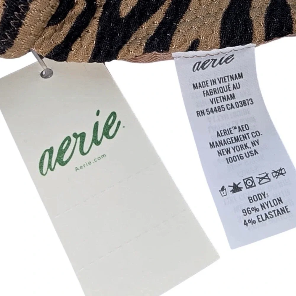 Aerie Pique Brown‎ Animal Print Tie Back Longline  Bikini Top Size Medium
